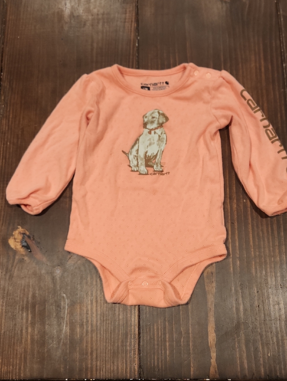 Carhartt Peach Long-Sleeve Baby One-Piece with Puppy Print